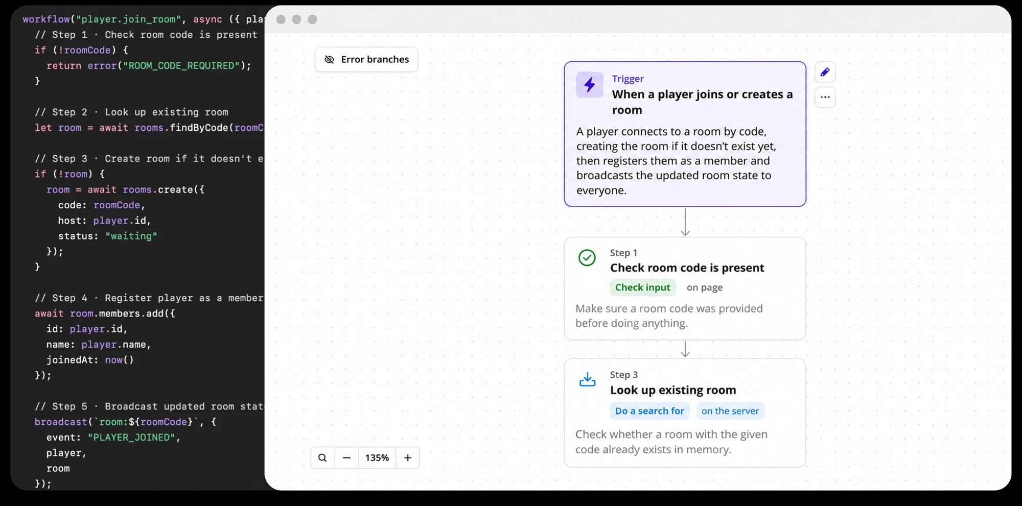 An app's code shown beside the plain-language visual workflow Reverse turns it into